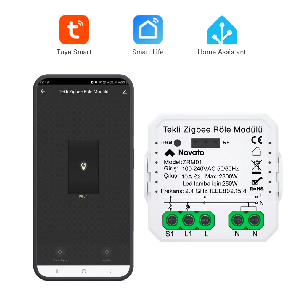 ZRM01 tek çıkışlı Zigbee röle ve Smart Life uygulama ekranı, Tuya Smart, Smart Life ve Home Assistant logoları