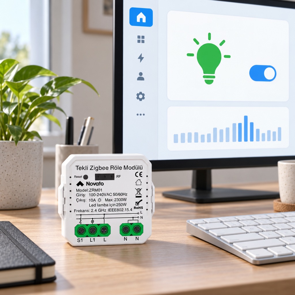 Home Assistant panelinde anahtar kartı, masada ZRM01 modülü