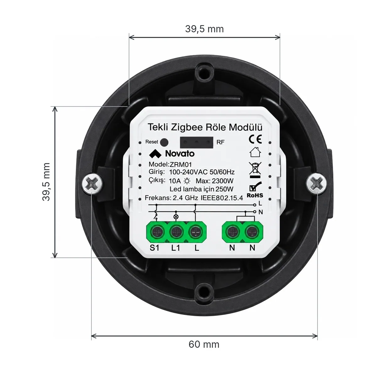 Siyah yuvarlak sıva altı kasanın içinde ZRM01 Zigbee röle modülü, ölçüler: modül 39,5 mm, kasa vida arası 60 mm