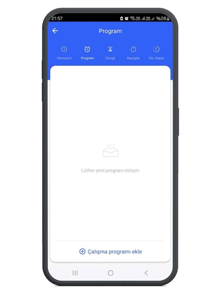 Smart Life uygulamasında Program sekmesi ve çalışma programı ekleme ekranı