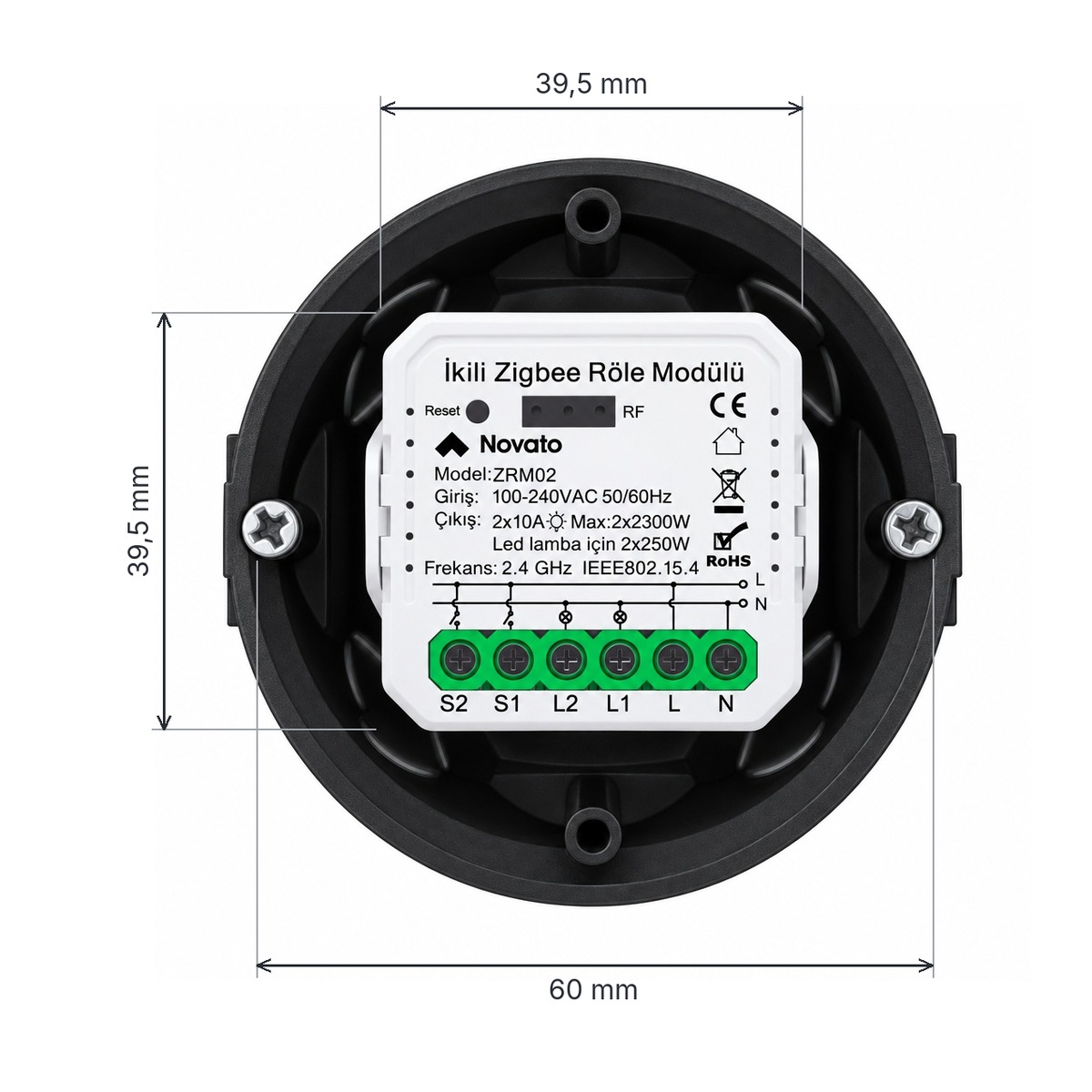 Siyah yuvarlak sıva altı kasanın içinde ZRM02 Zigbee röle modülü, ölçüler: modül 39,5 mm, kasa vida arası 60 mm