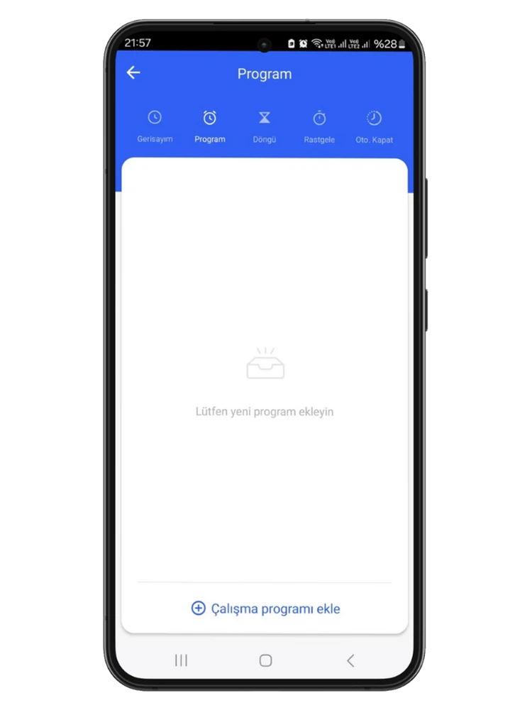 Smart Life uygulamasında Program sekmesi ve çalışma programı ekleme ekranı