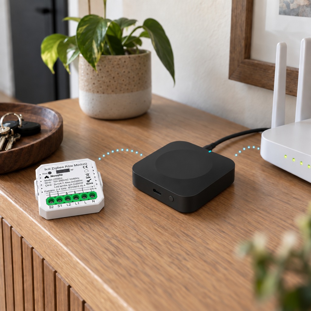 Konsolda ZRM02 modülü, yanında siyah Zigbee köprüsü ve Wi-Fi modem, aralarında Zigbee bağlantı yayı