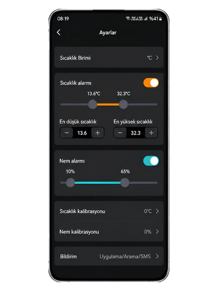 Smart Life uygulamasında sensörün Ayarlar ekranı: sıcaklık alarmı 13,6 ile 32,3 derece, nem alarmı yüzde 10 ile 65, sıcaklık ve nem kalibrasyonu, bildirim seçenekleri
