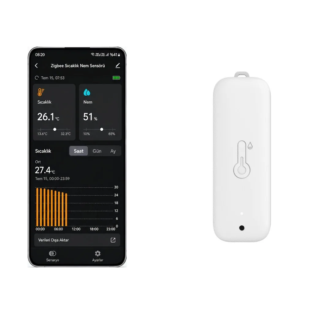 Solda telefonda Zigbee sıcaklık nem sensörünün Türkçe uygulama ekranı, sağda beyaz kapsül biçimli sensör