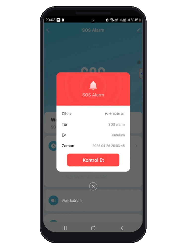 Smart Life uygulamasında SOS Alarm uyarı penceresi: cihaz, tür, ev ve zaman bilgisi, Kontrol Et düğmesi