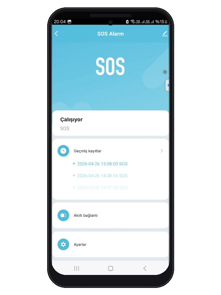 Smart Life uygulamasında SOS Alarm cihaz sayfası: Çalışıyor durumu, geçmiş kayıtlar listesi, akıllı bağlantı ve ayarlar