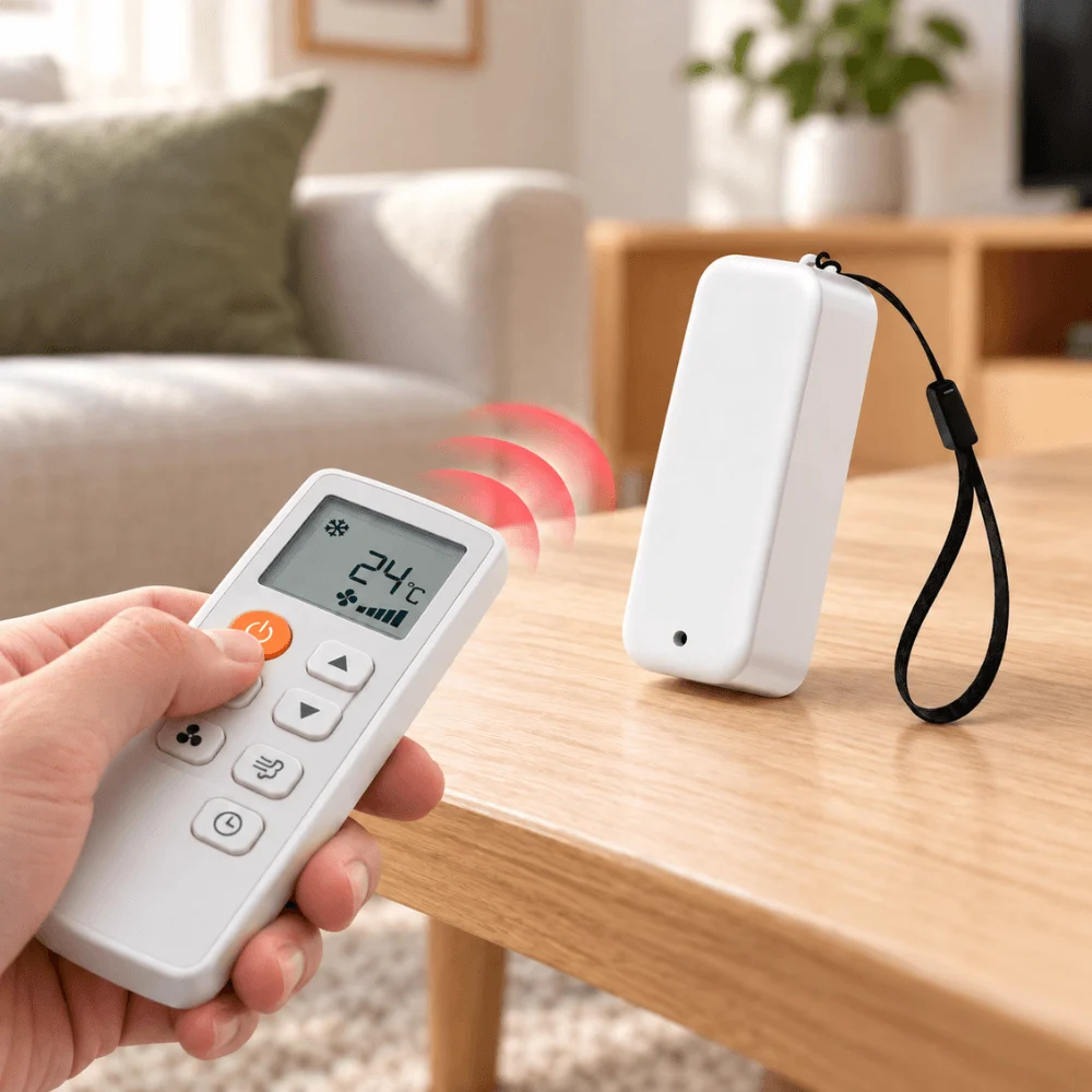 Bir el klima kumandasını masadaki beyaz çubuk Zigbee pilli IR kumandaya yakından tutuyor