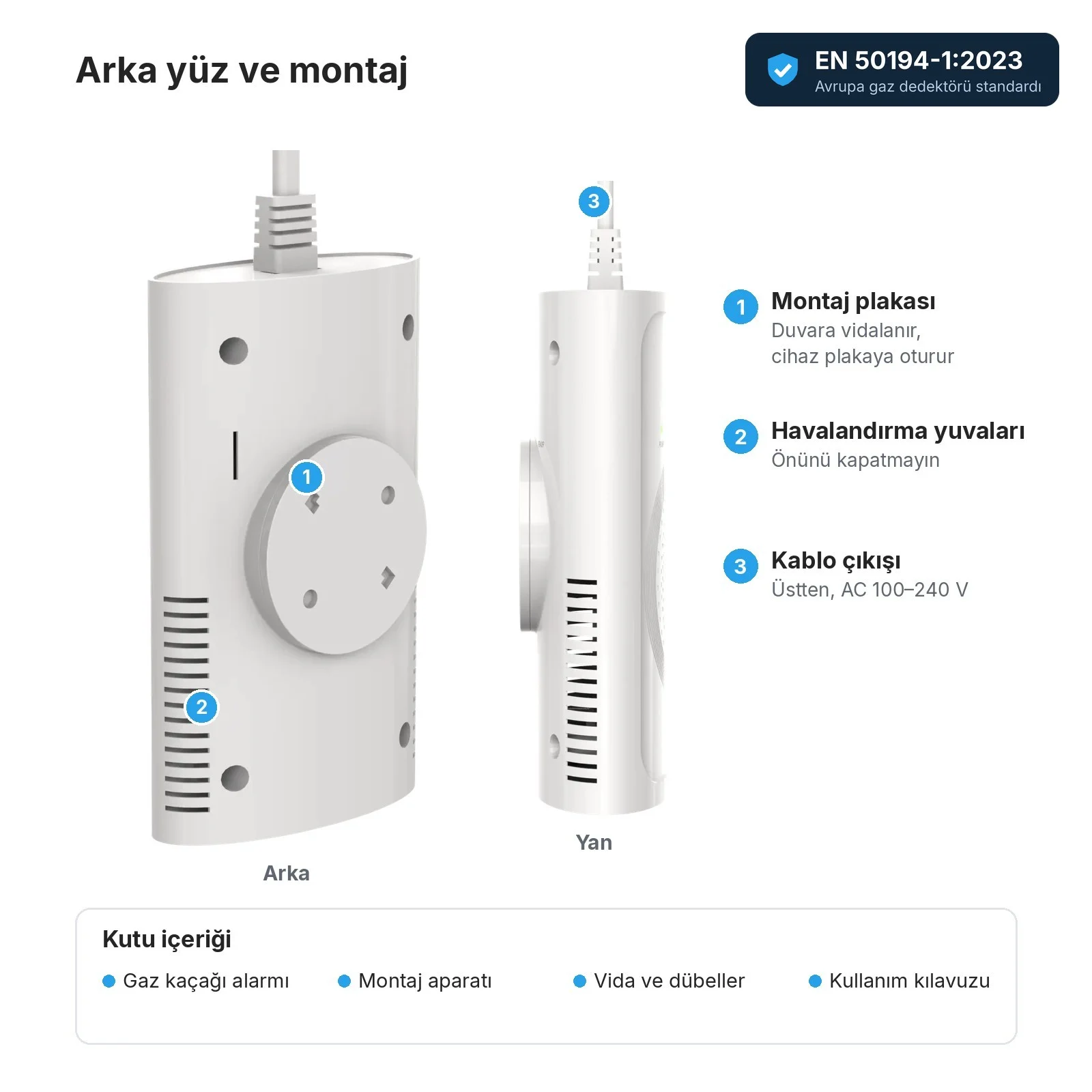 JKD-838W arka ve yan görünüm: yuvarlak montaj plakası, havalandırma yuvaları, üstten kablo çıkışı; kutu içeriği