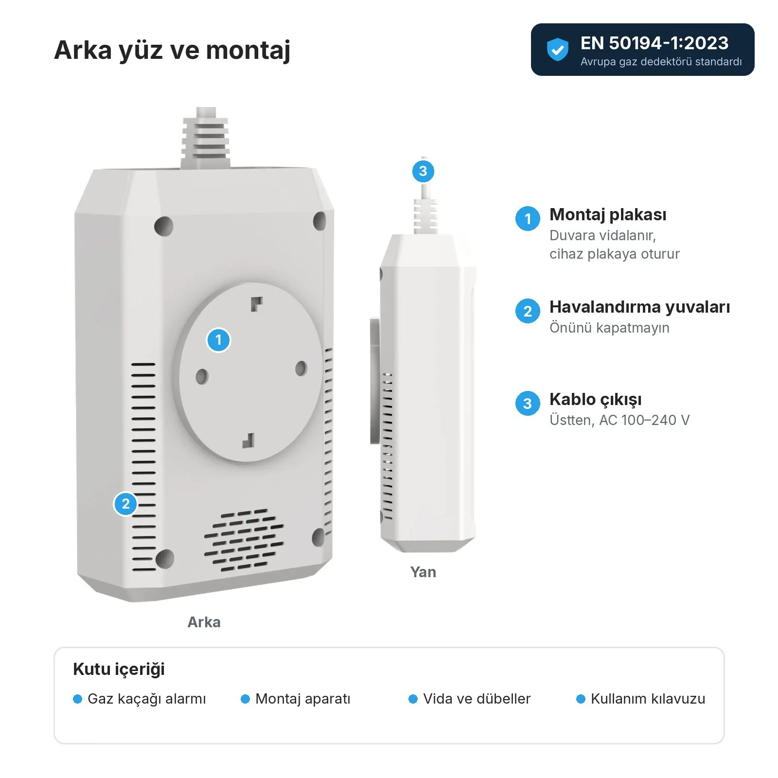 JKD-839Z arka ve yan görünüm: yuvarlak montaj plakası, havalandırma yuvaları, üstten kablo çıkışı; kutu içeriği