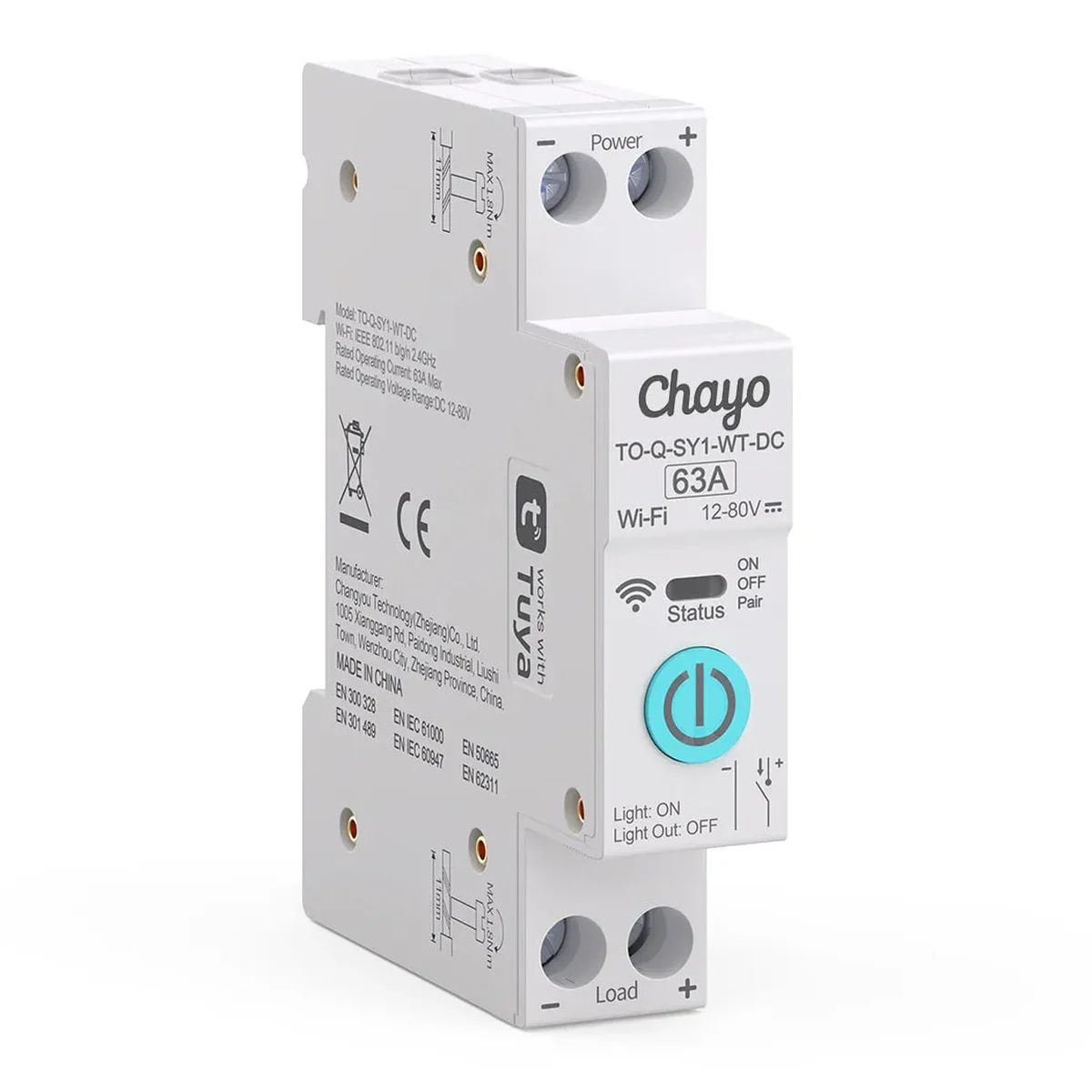 WiFi DC akıllı anahtar açılı görünüm, TO-Q-SY1-WT-DC 63A 12-80V