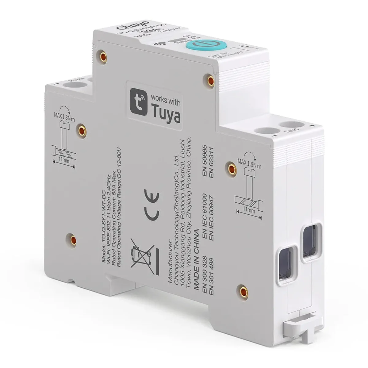 Yan etiket: Model TO-Q-SY1-WT-DC, Wi-Fi IEEE 802.11 b/g/n 2.4GHz, Rated Operating Current 63A Max, Rated Operating Voltage Range DC 12-80V, en çok 1,8 N·m sıkma, 11 mm kablo soyma