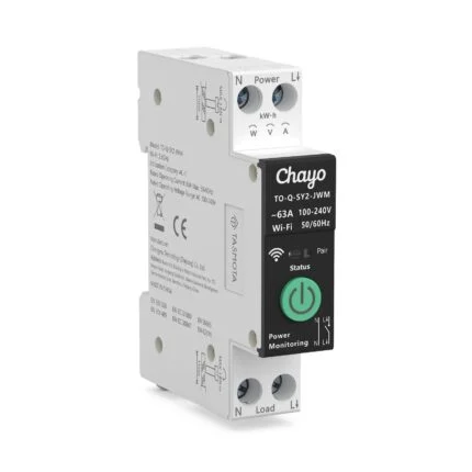 Tasmota yazılımlı ray tipi akıllı anahtar açılı görünüm: siyah ön panelde Chayo, TO-Q-SY2-JWM, 63 A 100-240 V, durum ışığı ve yeşil açma kapama tuşu, üstte N L Power, altta N L Load klemensleri