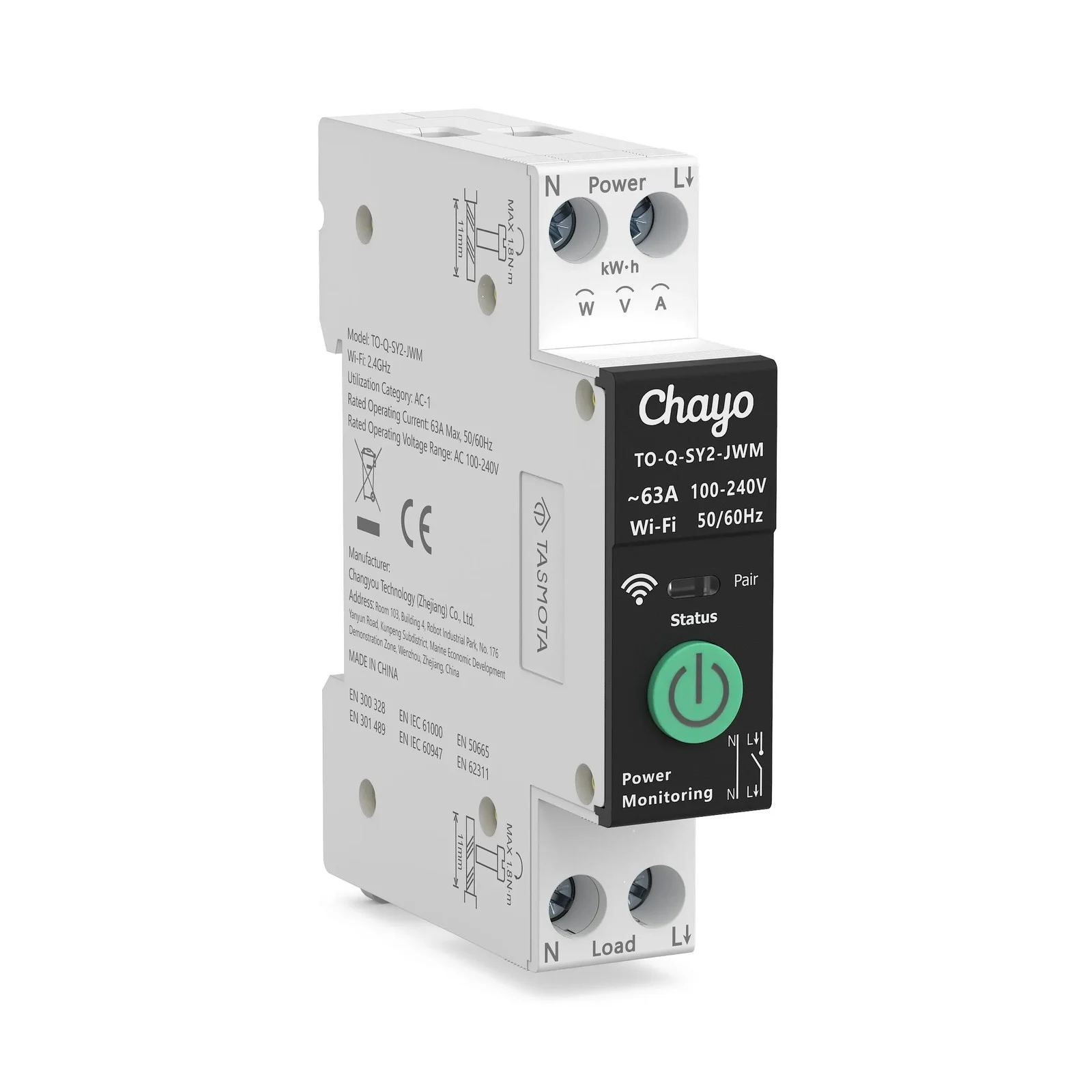 sy2tas-foto-aci Tasmota yazılımlı ray tipi akıllı anahtar açılı görünüm: siyah ön panelde Chayo, TO-Q-SY2-JWM, 63 A 100-240 V, durum ışığı ve yeşil açma kapama tuşu, üstte N L Power, altta N L Load klemensleri
