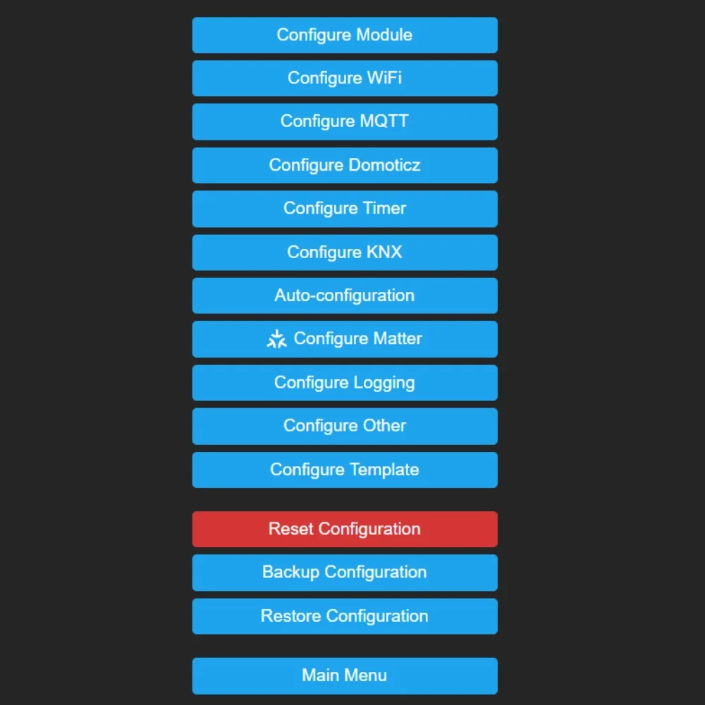 Tasmota Configuration menüsü: Configure Module, WiFi, MQTT, Domoticz, Timer, KNX, Auto-configuration, Matter, Logging, Other, Template; Reset, Backup ve Restore Configuration
