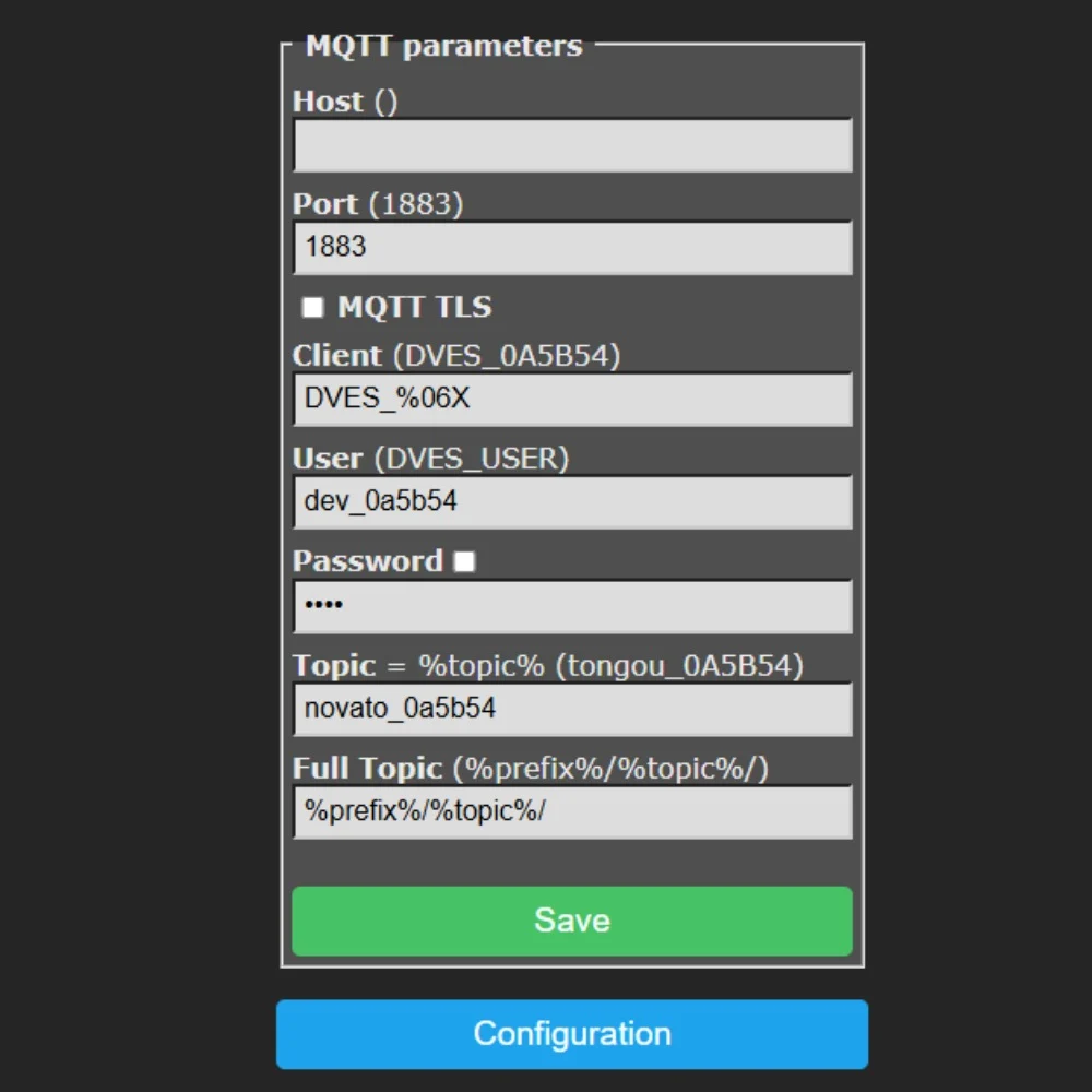 Tasmota MQTT parameters ekranı: Host, Port 1883, MQTT TLS seçeneği, Client, User, Password, Topic ve Full Topic alanları ile Save düğmesi