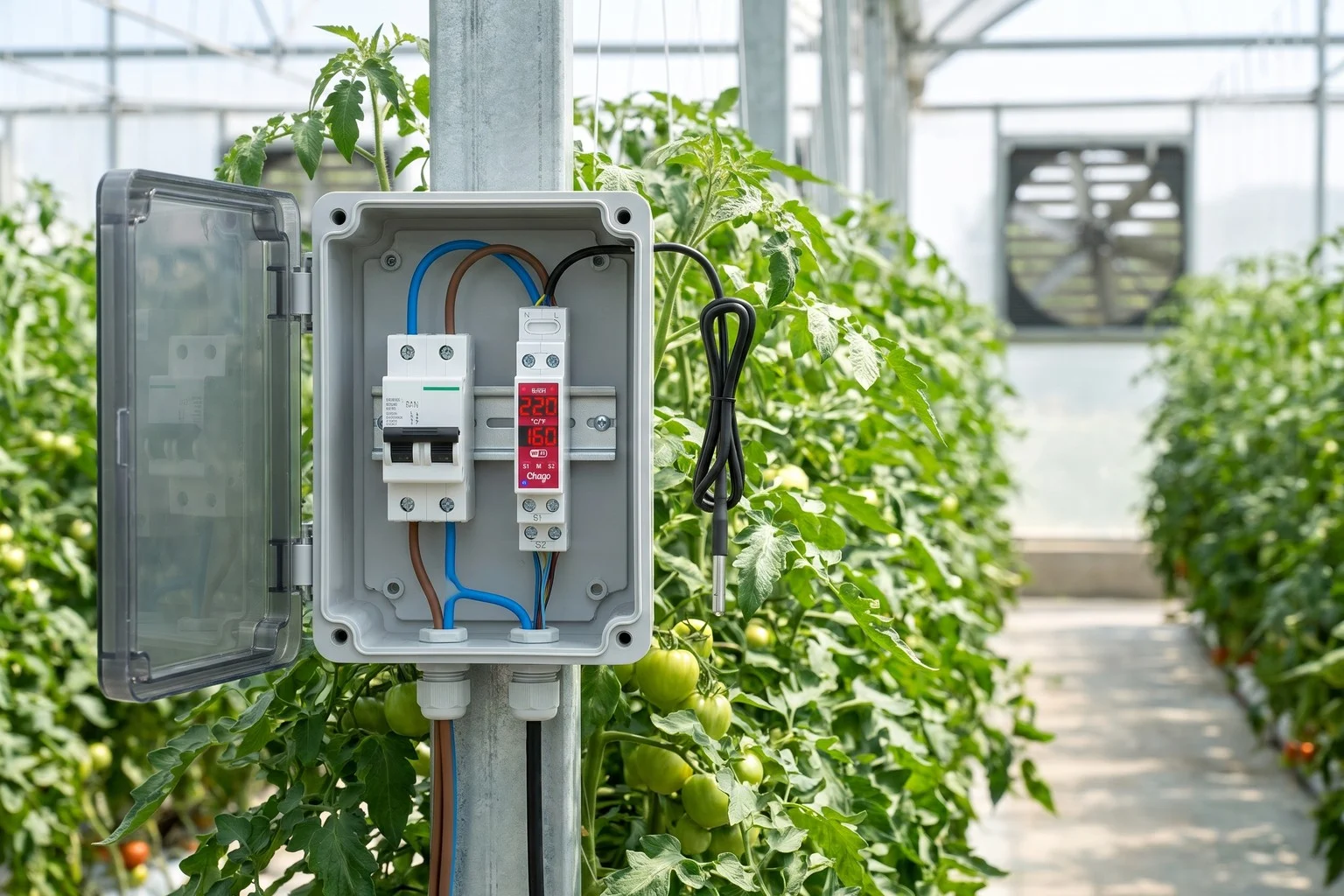 Domates serasında direğe monte açık elektrik kutusu: DIN rayda sigortanın yanında sıcaklık ve nem kontrol cihazı, prob kablosu bitkilerin arasında, arkada duvar aspiratörü