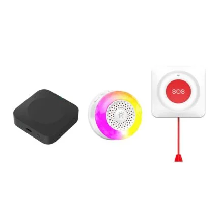 Sesli ve ışıklı kablolu SOS acil çağrı seti: ZGW-03P Zigbee köprüsü, ZAS-01P sesli ve ışıklı priz tipi siren ve kırmızı ipli ZSOS-2 SOS düğmesi