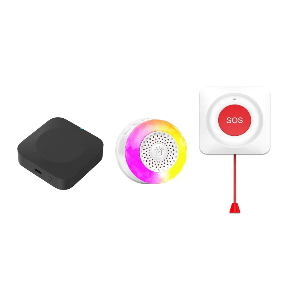 zigbee-sos-acil-cagri-seti Sesli ve ışıklı kablolu SOS acil çağrı seti: ZGW-03P Zigbee köprüsü, ZAS-01P sesli ve ışıklı priz tipi siren ve kırmızı ipli ZSOS-2 SOS düğmesi