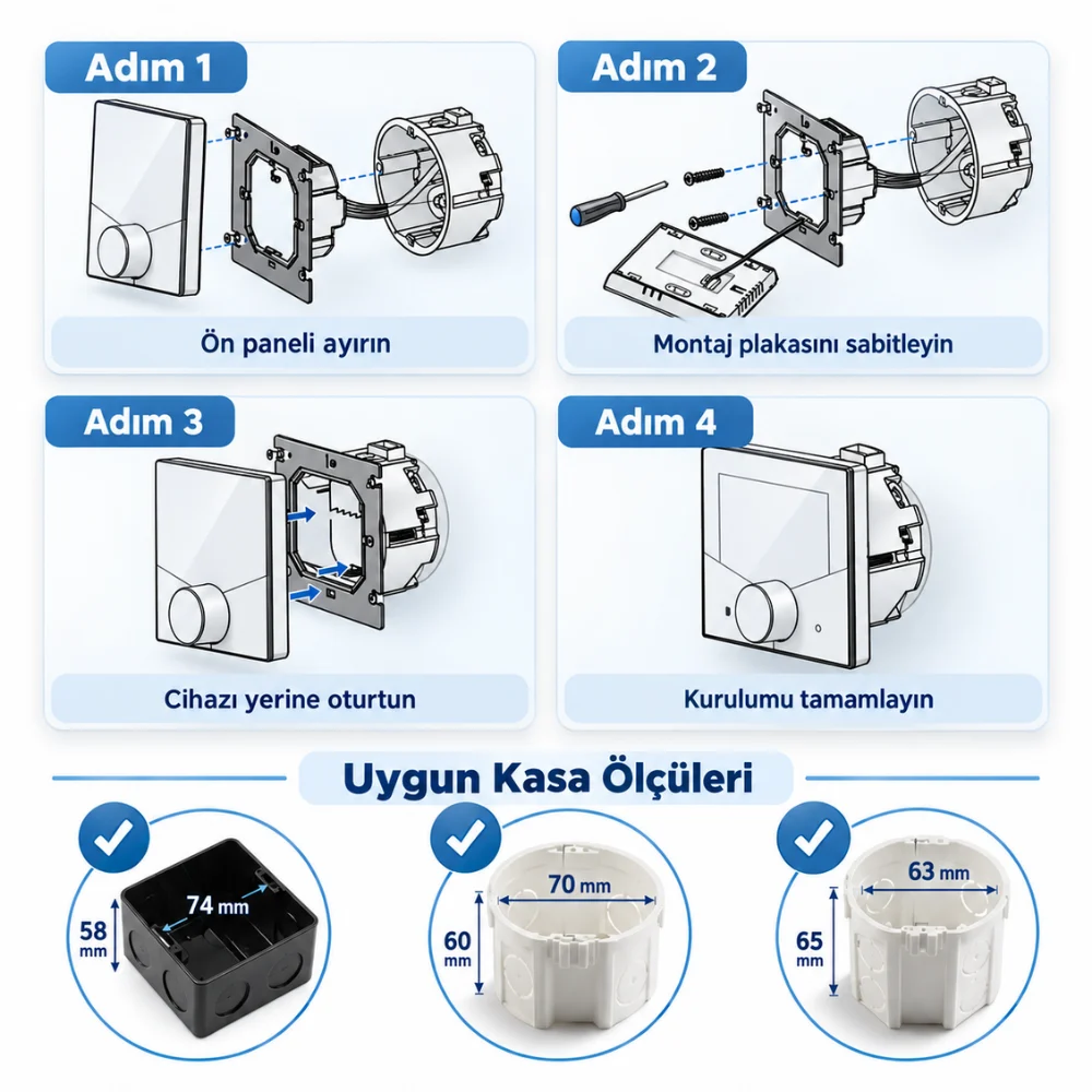 Montaj adımları: ön paneli ayırın, montaj plakasını sabitleyin, cihazı yerine oturtun, kurulumu tamamlayın; uygun kasa ölçüleri 74 mm kare 58 mm derin, 70 mm yuvarlak 60 mm derin, 63 mm yuvarlak 65 mm derin
