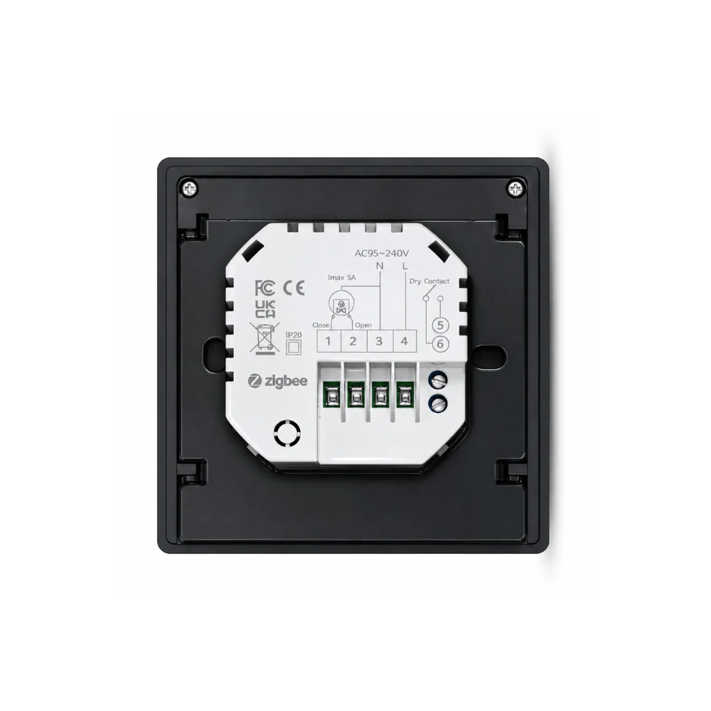 ZKT-02 klemensleri: 1 Close ve 2 Open vana ya da aktüatör çıkışı en çok 5 A, 3 N nötr, 4 L faz 95–240 V AC, 5 ve 6 kombi için kuru kontak