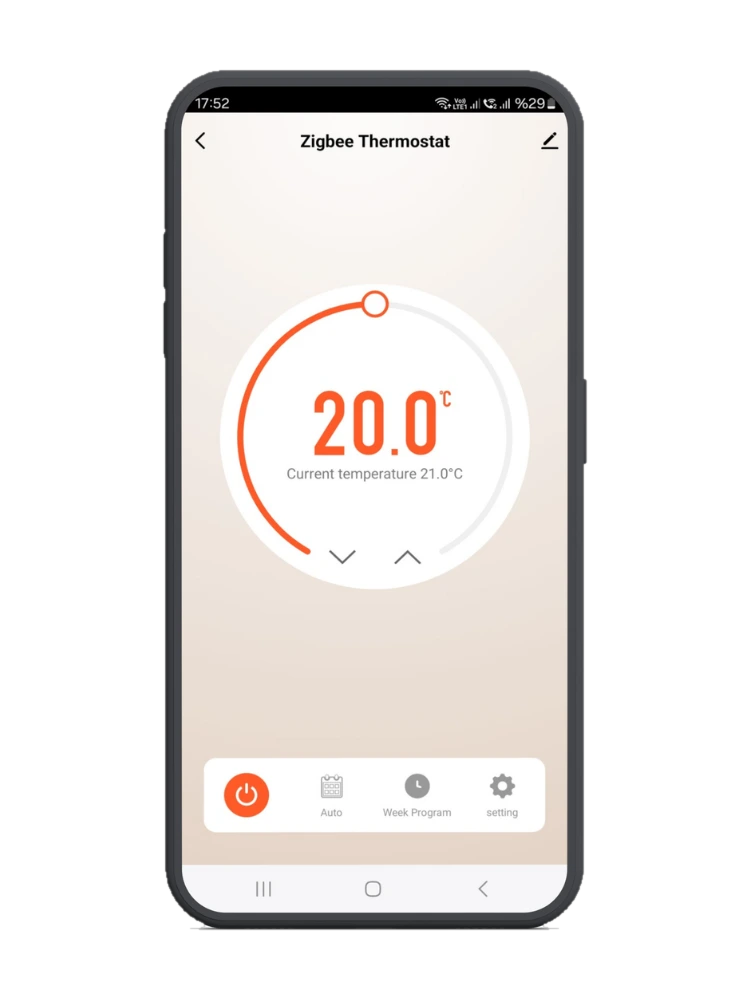 Smart Life uygulamasında Zigbee Thermostat ekranı: hedef sıcaklık 20.0 °C kadranı, aşağı ve yukarı okları, Current temperature 21.0 °C; altta güç, Auto, Week Program ve setting düğmeleri