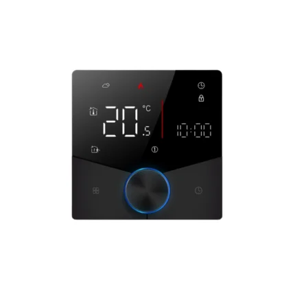 Zigbee döner düğmeli termostat ZKT-02 ön görünüm, siyah panel ve mavi ışıklı döner düğme