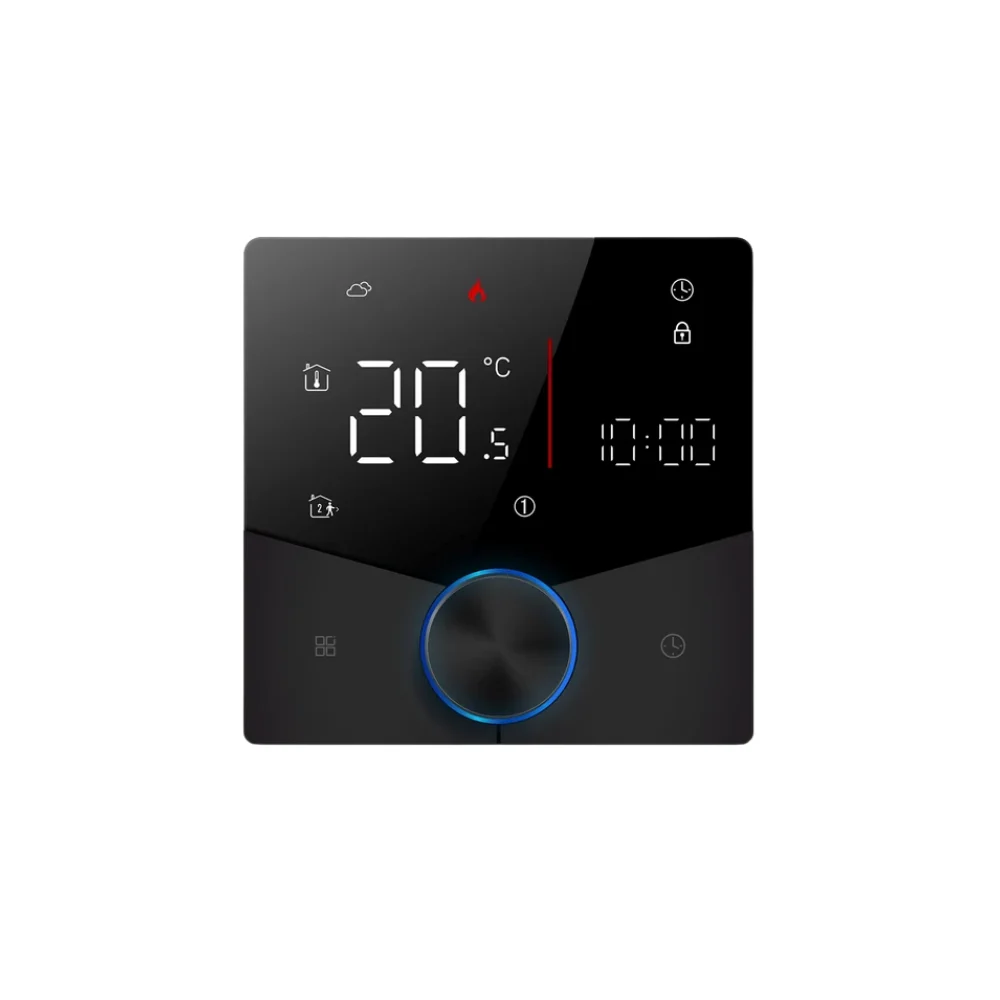 zkt02-zigbee-doner-dugmeli-termostat-on Zigbee döner düğmeli termostat ZKT-02 ön görünüm, siyah panel ve mavi ışıklı döner düğme