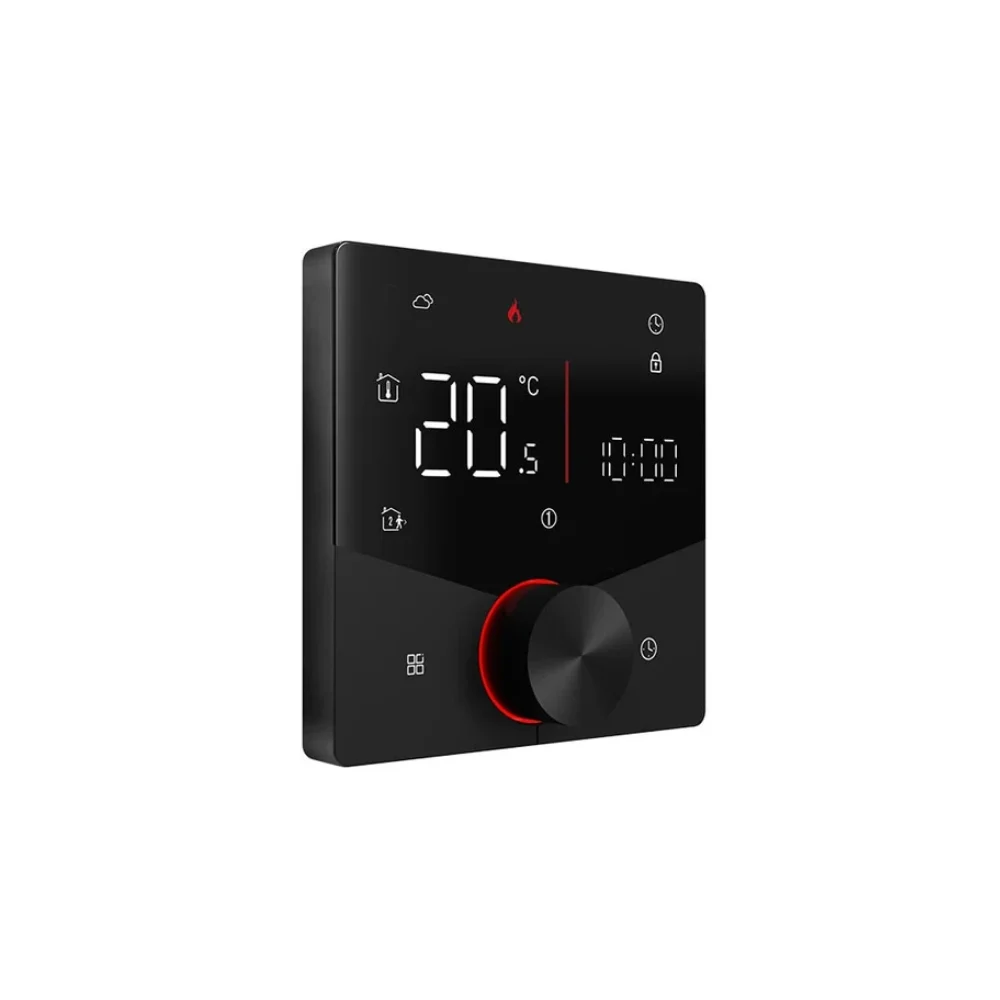 ZKT-02 Zigbee termostat açılı görünüm, ısıtma açıkken kırmızı halka